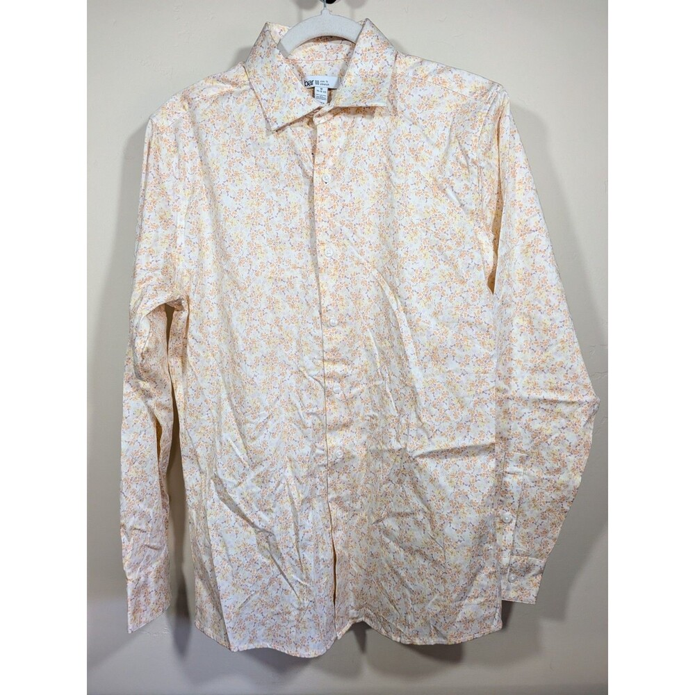 Bar III Slim Fit Stretch Dress Shirt Mens M 15-15.5 Peach Yellow Floral NWT